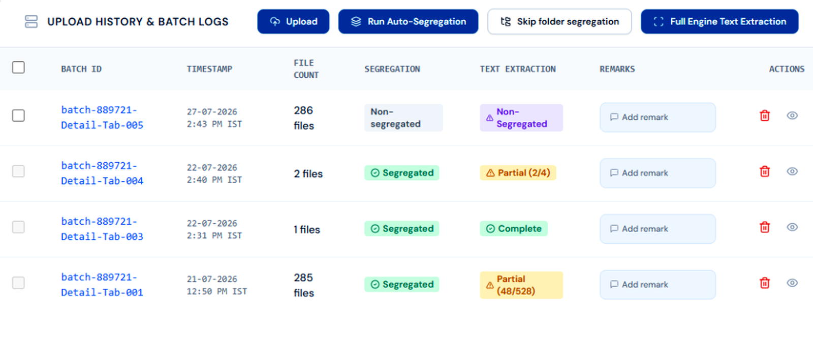 EVERCORE upload history and batch logs interface